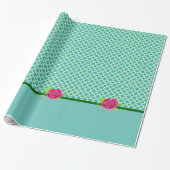 Aqua & Groene Polka Dot | Roze Roos met Solid Band Cadeaupapier (Uitgerold)