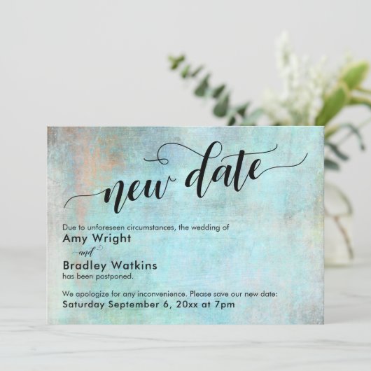 Aqua Grunge Nieuwe Datum Uitgestelde Bruiloft Upda Kaart (Staand voorkant)