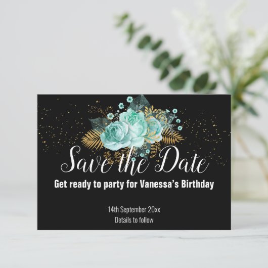AQUA GULD FLORALE BOeket ALLES ZWART SAVE THE DATE RSVP Kaartje (Staand voorkant)