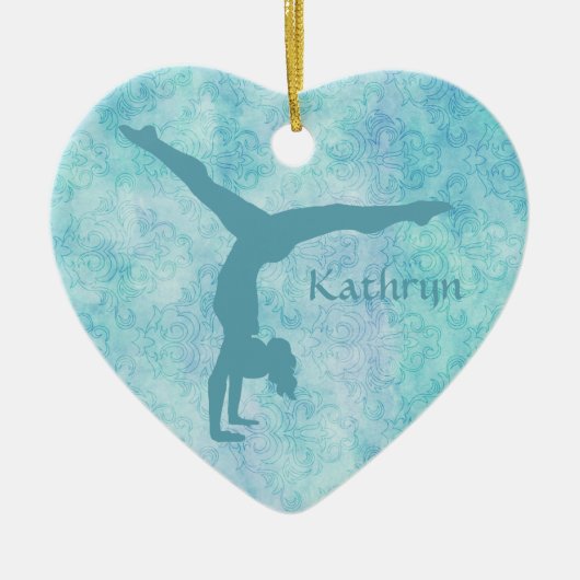 Aqua Gymnast op Blauwgroen Patroon Keramisch Ornament (Voorkant)