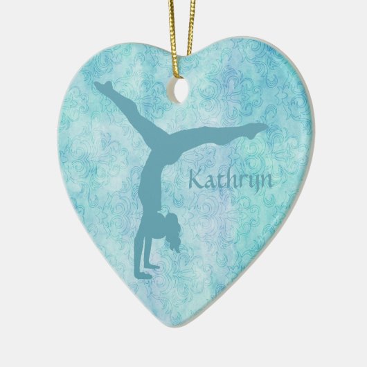 Aqua Gymnast op Blauwgroen Patroon Keramisch Ornament (Links)