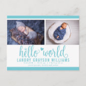 Aqua Hallo World Photo Birth Stat Aankondigingskaart (Voorkant)