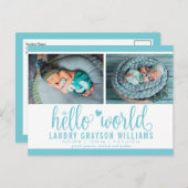 Aqua Hallo World Photo Birth Stat Aankondigingskaart (Voorkant / Achterkant)