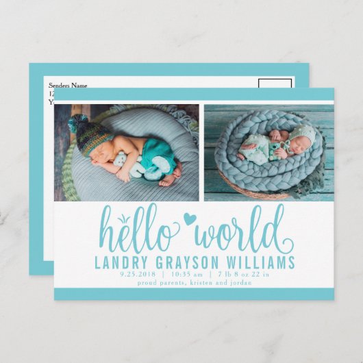 Aqua Hallo World Photo Birth Stat Aankondigingskaart (Voorkant / Achterkant)