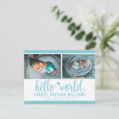 Aqua Hallo World Photo Birth Stat Aankondigingskaart (Staand voorkant)