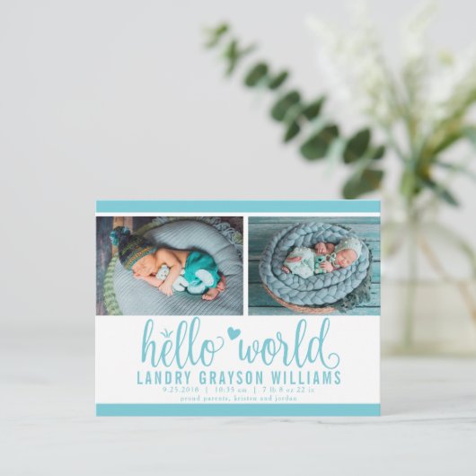Aqua Hallo World Photo Birth Stat Aankondigingskaart (Staand voorkant)