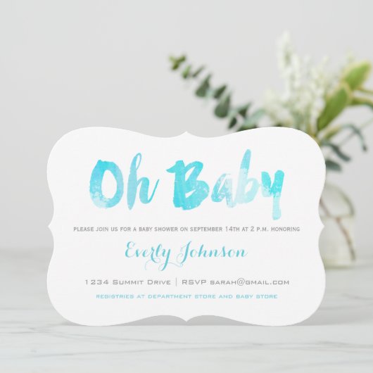 Aqua Hand Lettered Waterverf Baby Boy Shower Kaart (Staand voorkant)