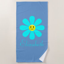 Aqua Happy Face Flower Personalized Beach Towel