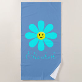 Aqua Happy Face Flower Personalized Beach Towel Strandlaken