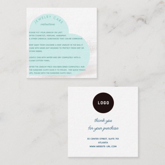Aqua Hart Boog Sieraden Zorg Instructie Bedankt Vierkante Visitekaartje (Voorkant / Achterkant)
