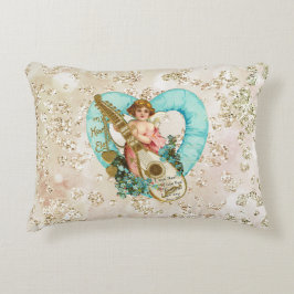 Aqua Heart Golden Cherub & Harp Bokeh Bling Accent Kussen