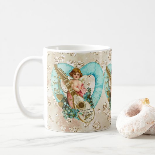 Aqua Heart Golden Cherub & Harp Bokeh Bling Koffiemok (Met donut)