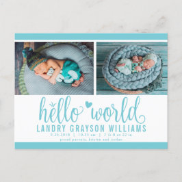 Aqua Hello World Foto Geboorte Stat Aankondigingskaart