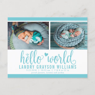 Aqua Hello World Foto Geboorte Stat Aankondigingskaart
