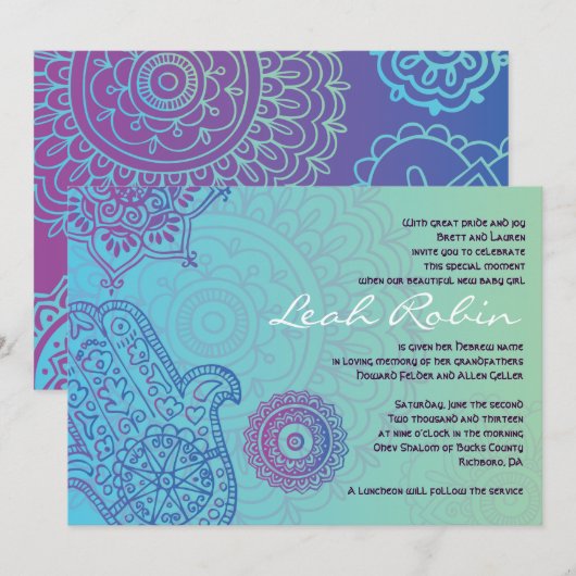 Aqua HEMSA HAND of GOD Baby Naming Invitation Kaart (Voorkant / Achterkant)