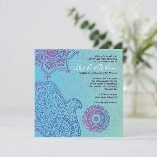 Aqua HEMSA HAND of GOD Bat Mitzvah Invitation Kaart (Staand voorkant)