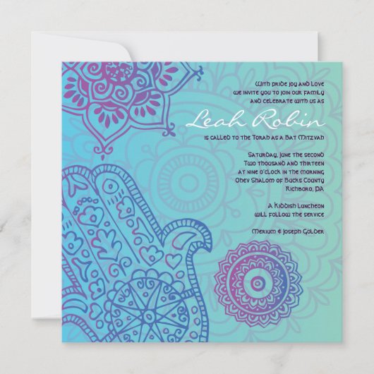 Aqua HEMSA HAND of GOD Bat Mitzvah Invitation Kaart (Voorkant)