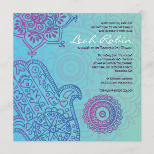 Aqua HEMSA HAND of GOD Bat Mitzvah Invitation Kaart