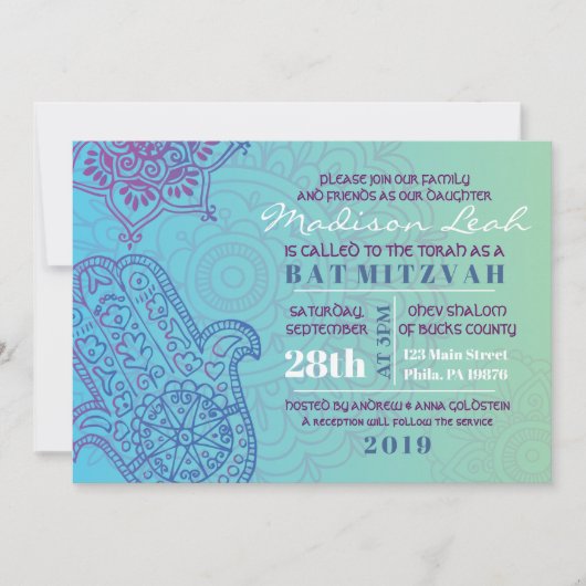 Aqua HEMSA HAND of GOD Bat Mitzvah Invitation Kaart (Voorkant)