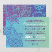 Aqua HEMSA HAND of GOD Bat Mitzvah Invitation Kaart (Voorkant / Achterkant)
