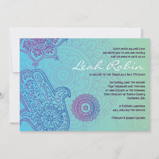 Aqua HEMSA HAND of GOD Bat Mitzvah Invitation Kaart (Voorkant)