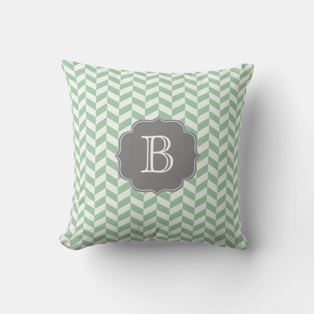 Aqua Herringbone Chevron Patroon met Monogram Kussen (Voorkant)