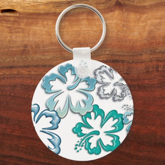 Aqua Hibiscus Blooms Sleutelhanger (Voorkant)