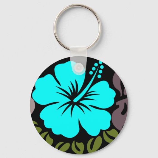 Aqua Hibiscus en Leaves Sleutelhanger (Voorkant)