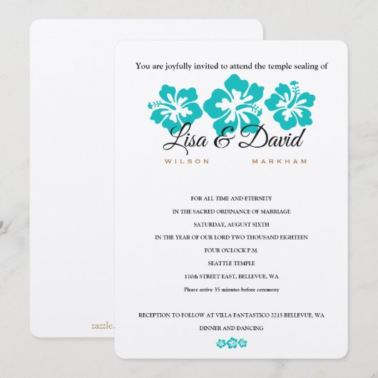 Aqua Hibiscus Temple Wedding & Reception nodigt ui Kaart (Voorkant / Achterkant)