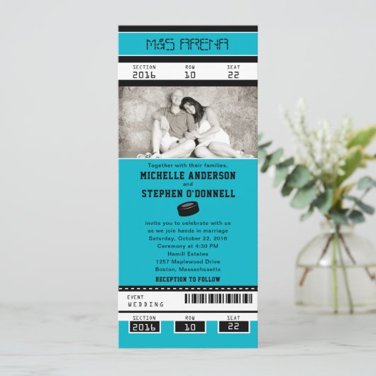 Aqua Hockey Ticket Wedding Uitnodiging (Staand voorkant)