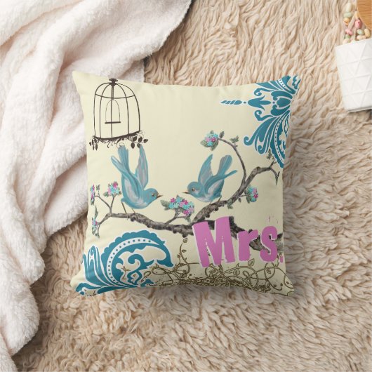 Aqua Hot Pink Birds Mrs Brides Pillow Kussen (Deken)