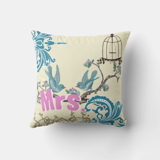 Aqua Hot Pink Birds Mrs Brides Pillow Kussen (Achterkant)