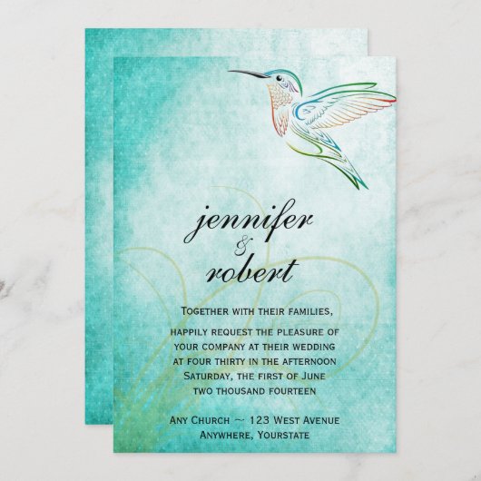 Aqua Hummingbird Waterverf Weddenschap Kaart (Voorkant / Achterkant)