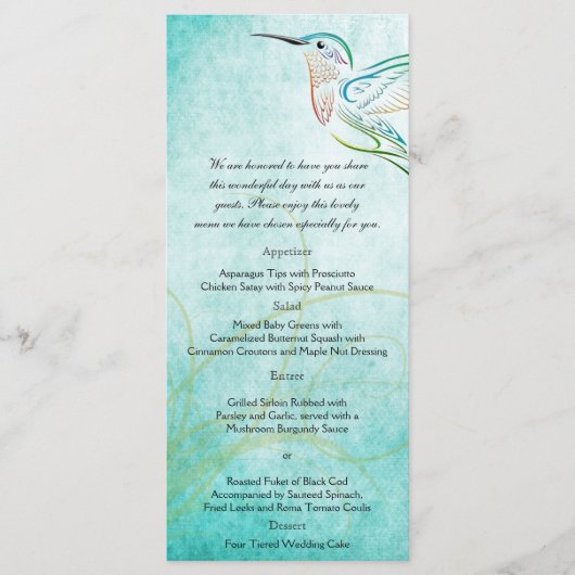 Aqua Hummingbird Waterverf Wedding Menu (Voorkant)