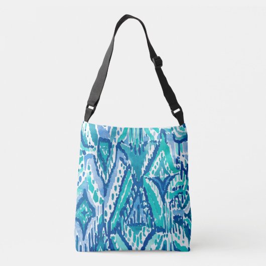 Aqua Ikat Fringe Tribal Waterverf Afdrukken Crossbody Tas (Achterkant)