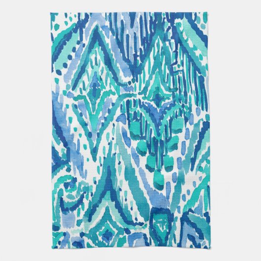 Aqua Ikat Fringe Tribal Waterverf Theedoek (Verticaal)