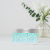 Aqua Iridescent Sparkle Bokeh met geborsteld zilve Visitekaartje (Staand voorkant)