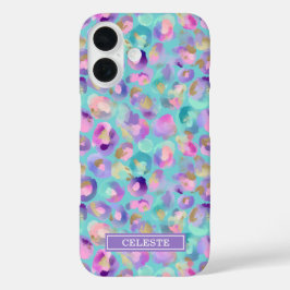Aqua iriserende luipaardprint met monogram iPhone 16 hoesje