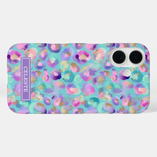 Aqua iriserende luipaardprint met monogram Case-Mate iPhone case (Achterkant (horizontaal))