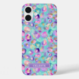 Aqua iriserende luipaardprint met monogram iPhone 16 plus hoesje