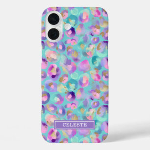 Aqua iriserende luipaardprint met monogram iPhone 16 plus hoesje