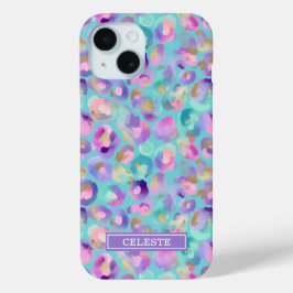 Aqua iriserende luipaardprint met monogram iPhone 15 case