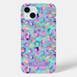 Aqua iriserende luipaardprint met monogram iPhone 15 mini hoesje