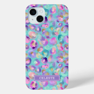 Aqua iriserende luipaardprint met monogram iPhone 15 mini hoesje