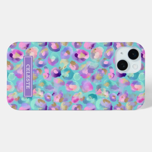 Aqua iriserende luipaardprint met monogram Case-Mate iPhone case (Achterkant (horizontaal))