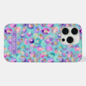 Aqua iriserende luipaardprint met monogram iPhone hoesje (Achterkant horizontaal)