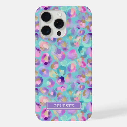 Aqua iriserende luipaardprint met monogram iPhone hoesje (Achterkant)