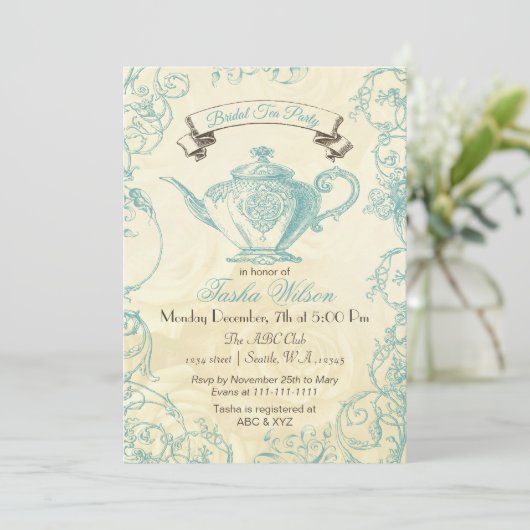 Aqua Ivory Rozen  Bridal Tea Invites Kaart (Staand voorkant)