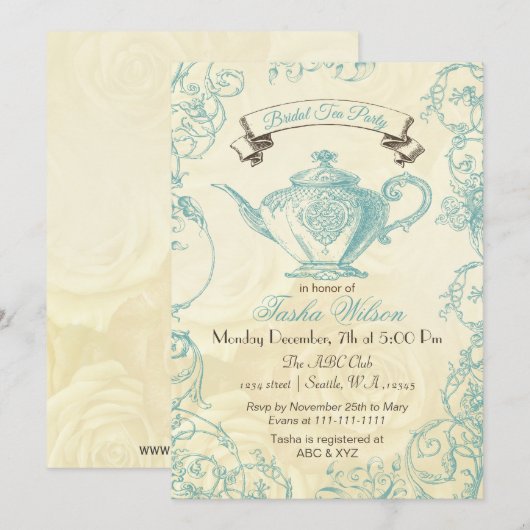 Aqua Ivory Rozen  Bridal Tea Invites Kaart (Voorkant / Achterkant)