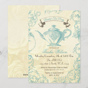 Aqua Ivory Rozen  Bridal Tea Invites Kaart